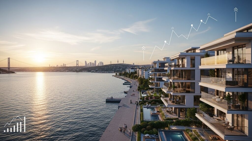 Asist Yeniköy konut projesinde İstanbul’da yatırım amaçlı tercih edilen modern mimariye sahip dairelerin genel görünümü.