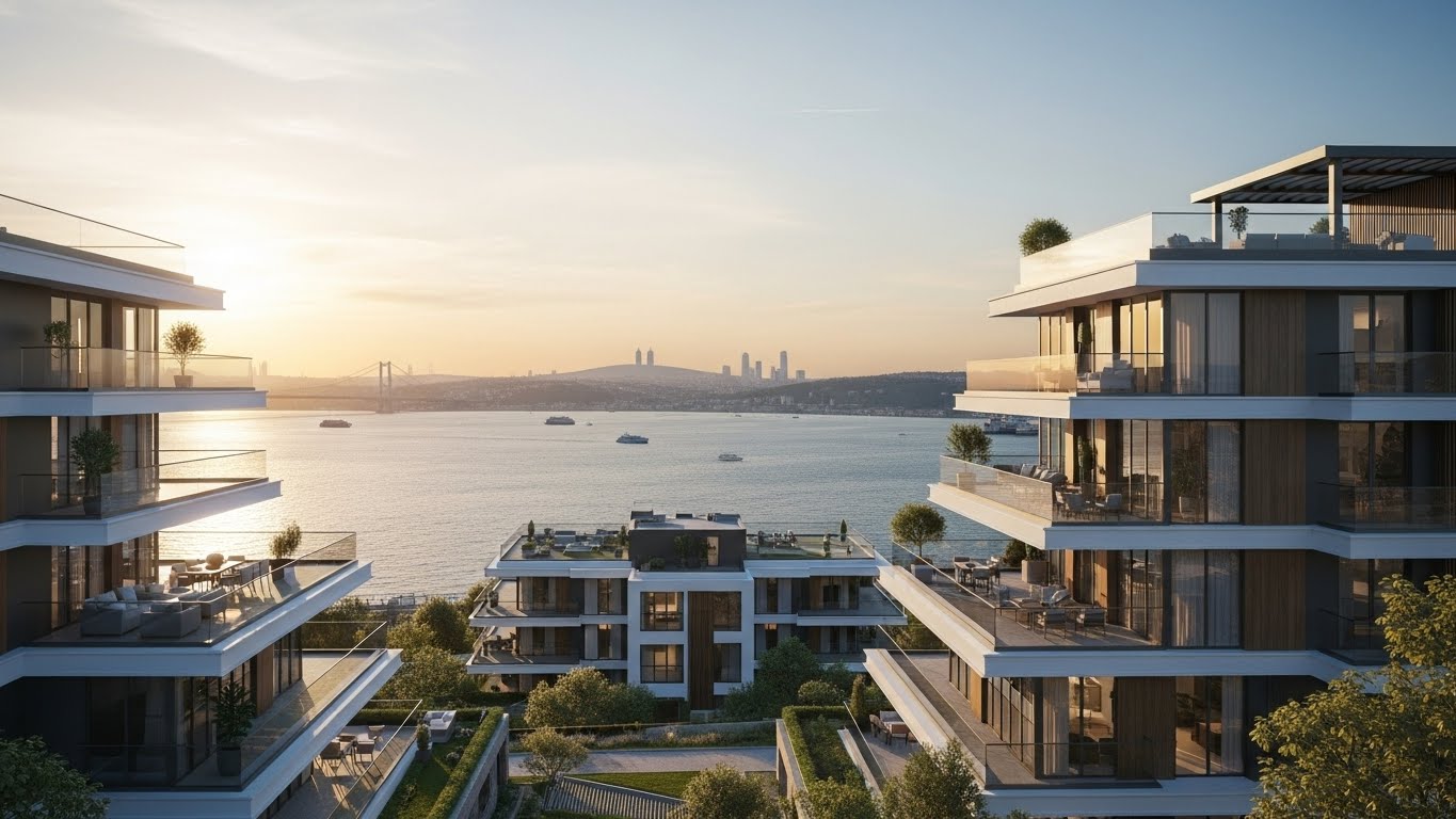 İstanbul Boğaz manzarasına sahip Asist Yeniköy projesindeki modern ve prestijli konutların dış cephe görünümü.