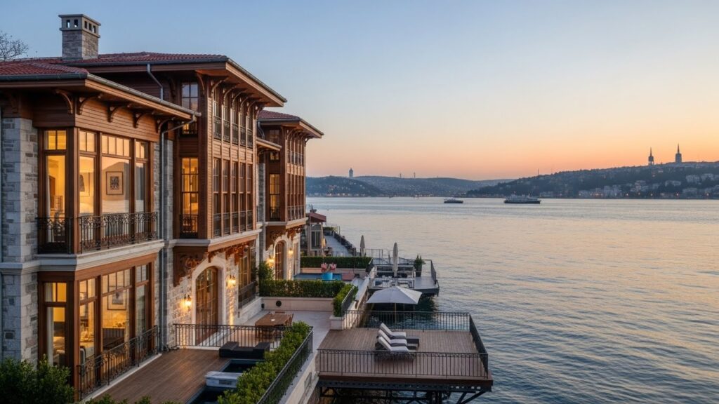 İstanbul Boğazı kıyısında yer alan Asist Yeniköy satılık yalı projesinin denize sıfır dış cephe görünümü.