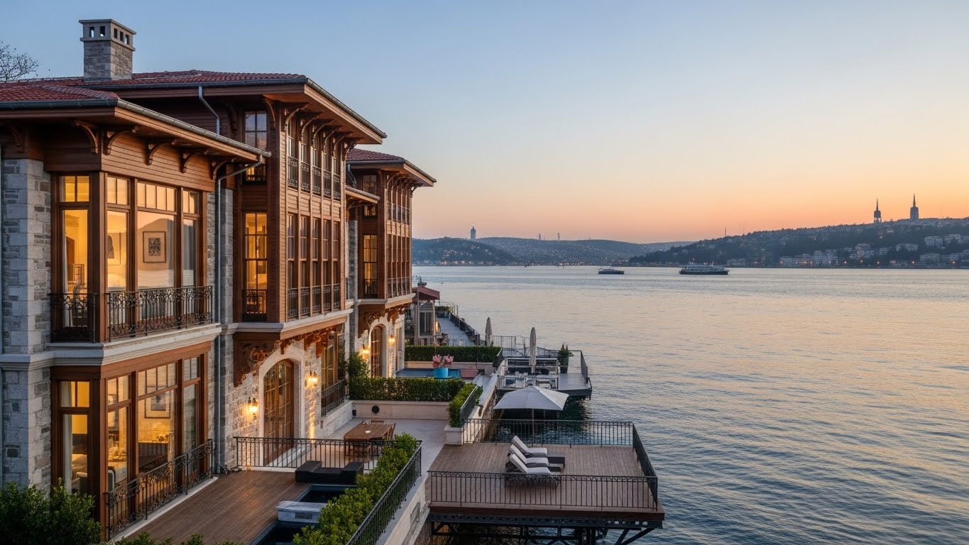 İstanbul Boğazı kıyısında yer alan Asist Yeniköy satılık yalı projesinin denize sıfır dış cephe görünümü.