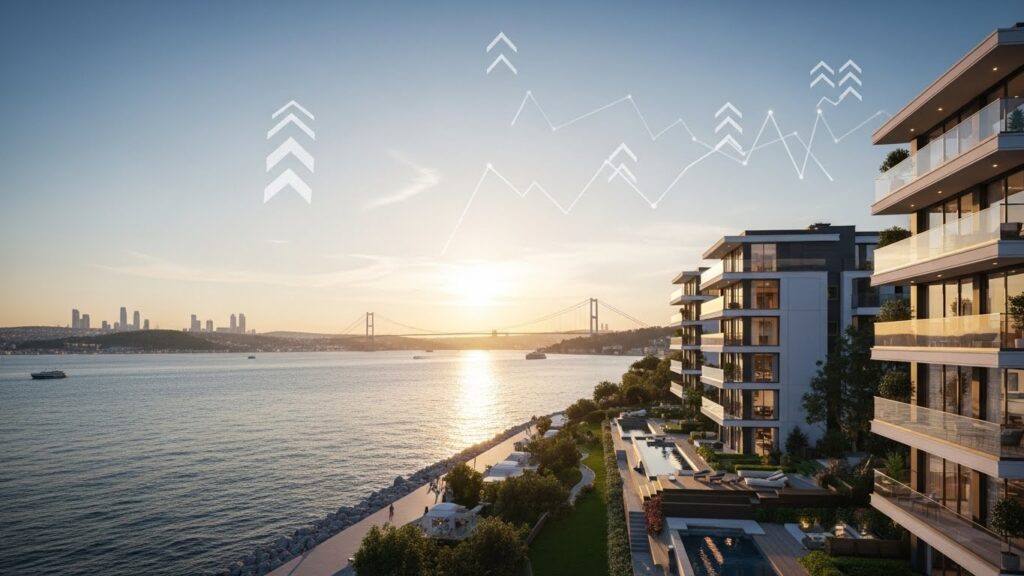 İstanbul Yeniköy’de yer alan Asist Yeniköy projesine ait Boğaz manzaralı, yatırımlık modern dairelerin dış cephe görünümü.