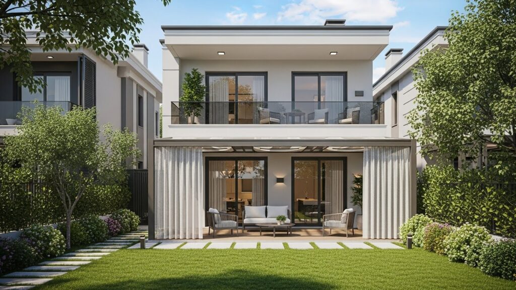 Yeniköy’de konumlanan Asist Yeniköy kiralık müstakil evin bahçeli ve modern dış cephe görünümü.