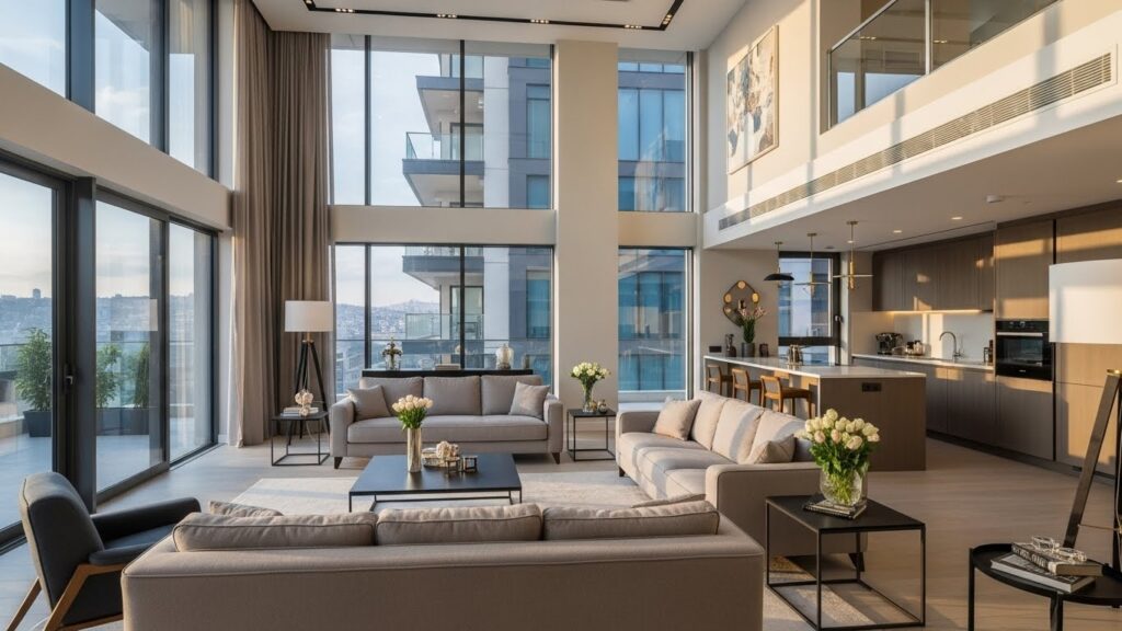 İstinye Lüks Kiralık Daire | Asist Yeniköy kapsamında yer alan, ferah iç mekânlara sahip, yüksek tavanlı ve gün ışığı alan lüks daire görünümü.