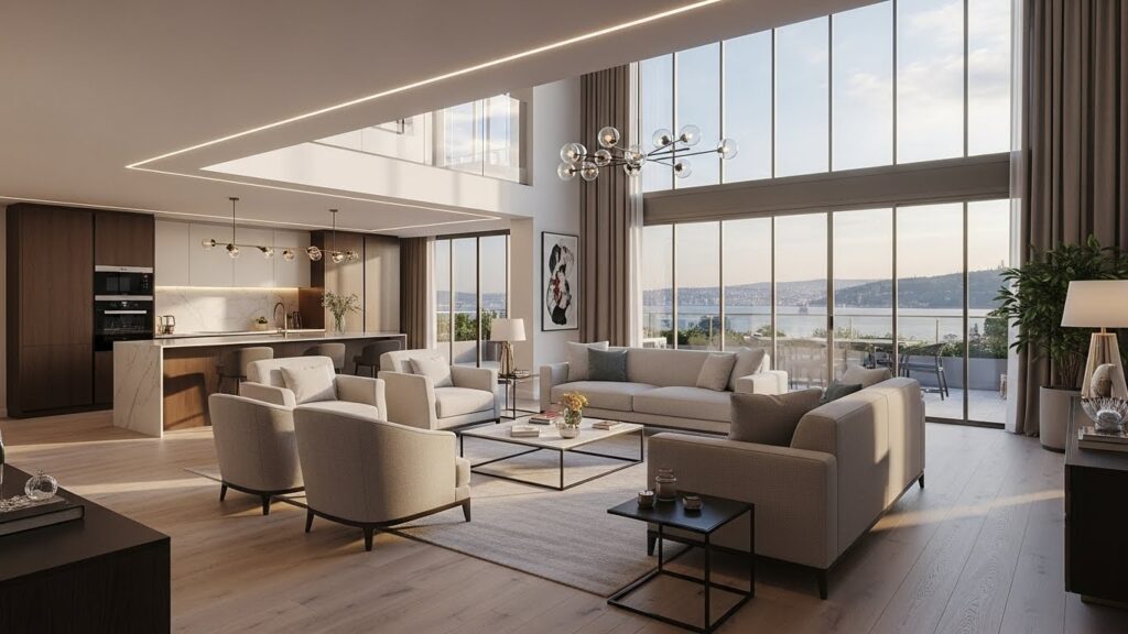 İstinye Lüks Kiralık Daire | Asist Yeniköy projesine ait, modern tasarımlı, geniş ve aydınlık salon alanını gösteren lüks daire görseli.