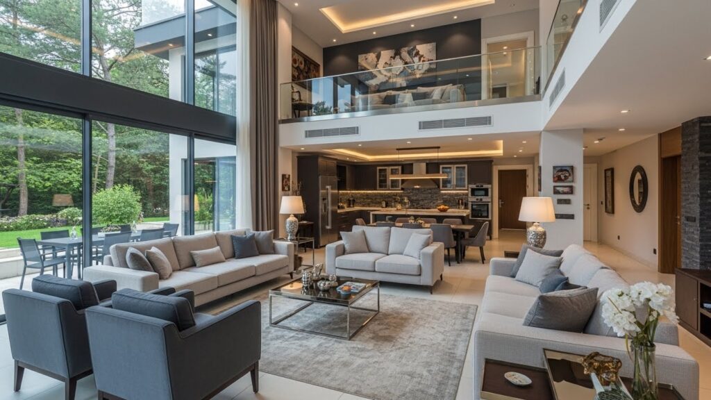 Sarıyer Eşyalı Kiralık Villa | Asist Yeniköy ayrıcalığıyla, yüksek tavanlı ve konfor odaklı tasarlanmış lüks iç mekânları yansıtan villa görseli.