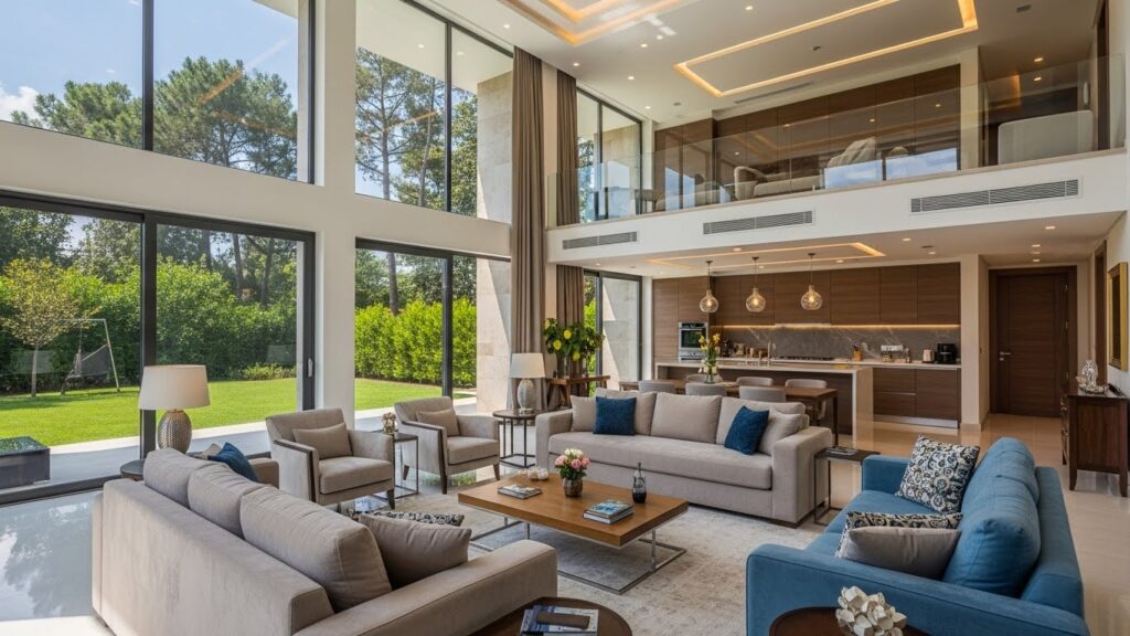 Sarıyer Eşyalı Kiralık Villa | Asist Yeniköy kapsamında yer alan, modern mobilyalarla döşenmiş, geniş ve aydınlık salon alanını gösteren villa görseli.