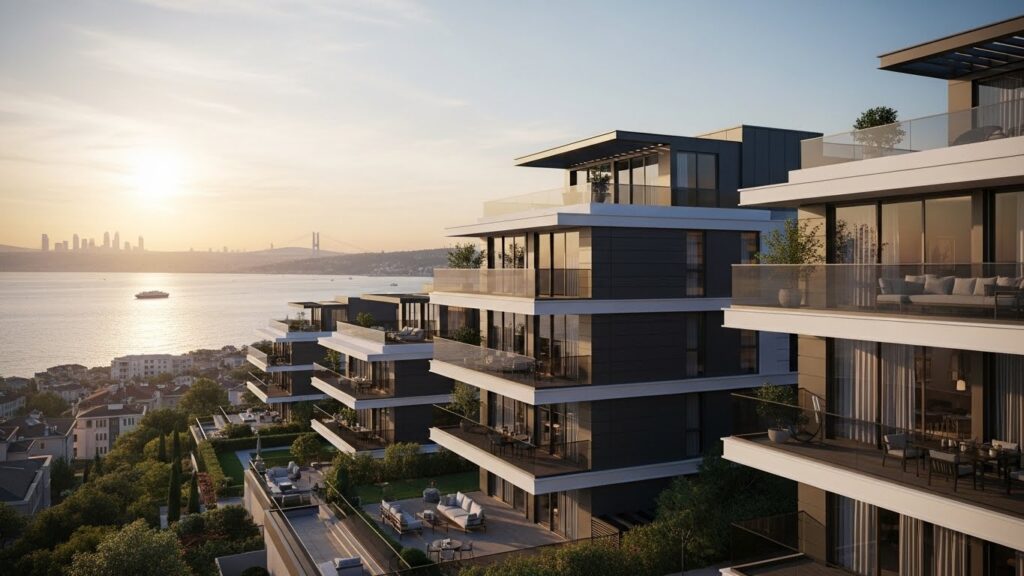 Yeniköy bölgesinde konumlanan, İstanbul Boğazı manzaralı konut projesi Asist Yeniköy’ün genel görünümü.