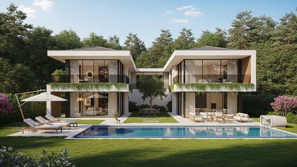 Zekeriyaköy’de yer alan Asist Yeniköy satılık villanın geniş bahçeli ve modern mimariye sahip dış cephe görünümü